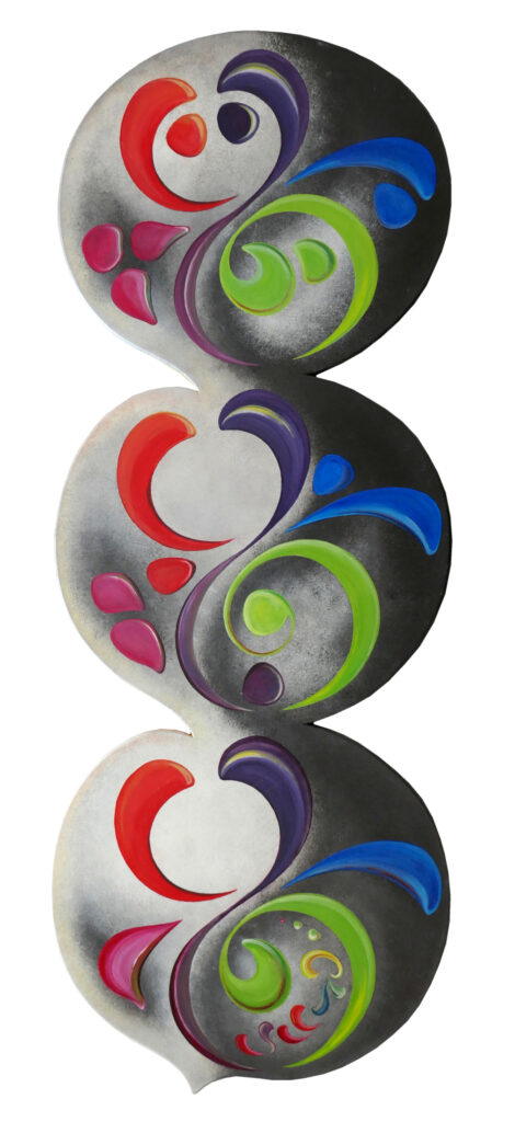 "Tripleradis"
Des profondeurs je surgis pour m'épanouir vers l'espace.
H95cm x L35,5cm, acrylique sur bois